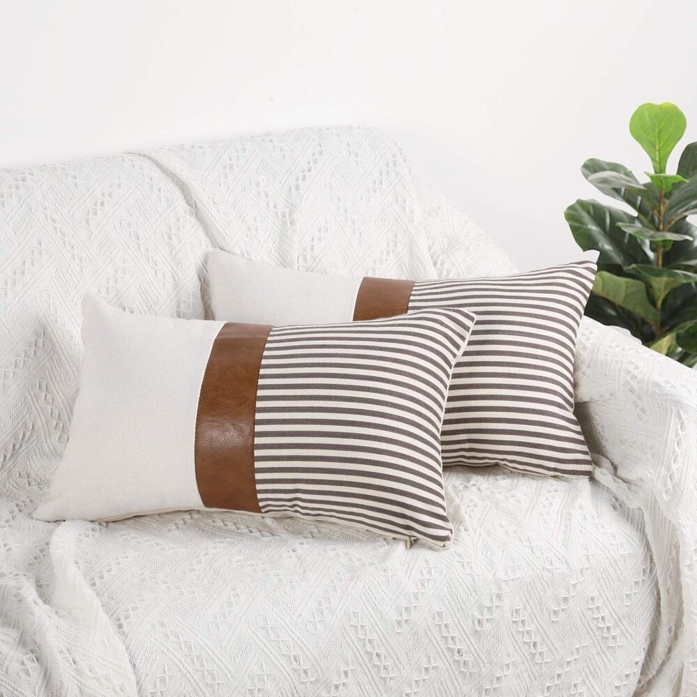 Set of 2,12"x20" Farmhouse Pillow Covers, Gray Stripe
